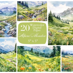 Alpenweide Digitaal Papier, veld, bloemen. Waterverf scrapbook papier voor gratis commercieel gebruik. Junk Journal Paper Crafts, direct downloaden