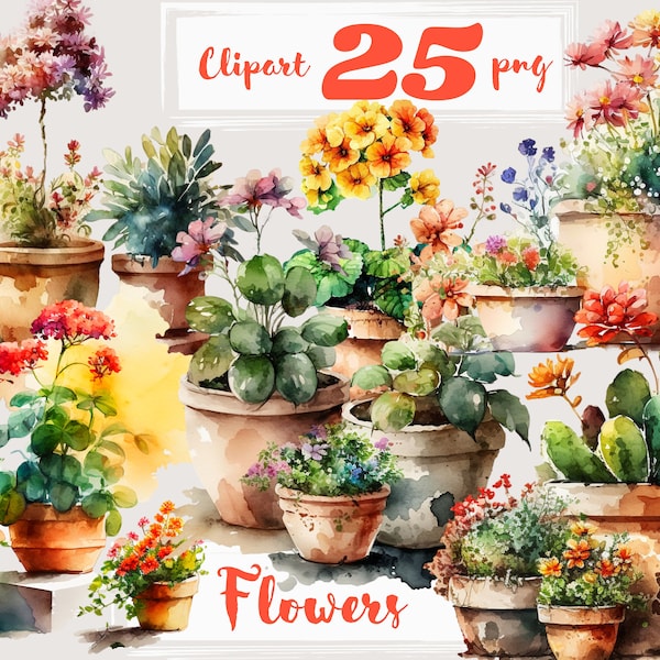 House Plants Clipart. Potted flowers clipart, outdoor houseplants. Floral clipart PNG. Summer. Digital watercolor. Free commercial use.