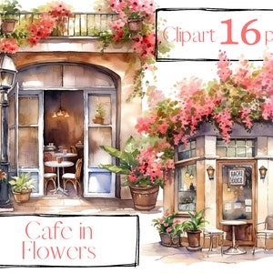 Coffee shop clipart, cafe clip art, png. Digital watercolor. Free commercial use, scrapbooking. Romantic french cafe illustration. Paris.