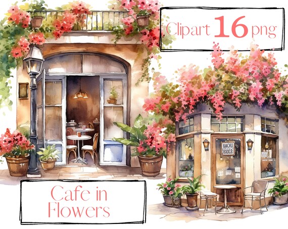 French Cafe Clipart, Watercolor Coffee Shop Illustration, Paris (Digital PNG)