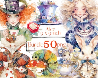 Alice in Wonderland Clipart Bundle, Watercolor PNG, Commercial Use (Digital Download)
