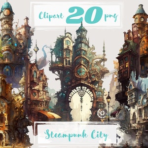 Steampunk City clipart. Vintage clipart, retro clip art, boho town. fantasy, png.  Scrapbooking. Digital watercolor. Free commercial use.