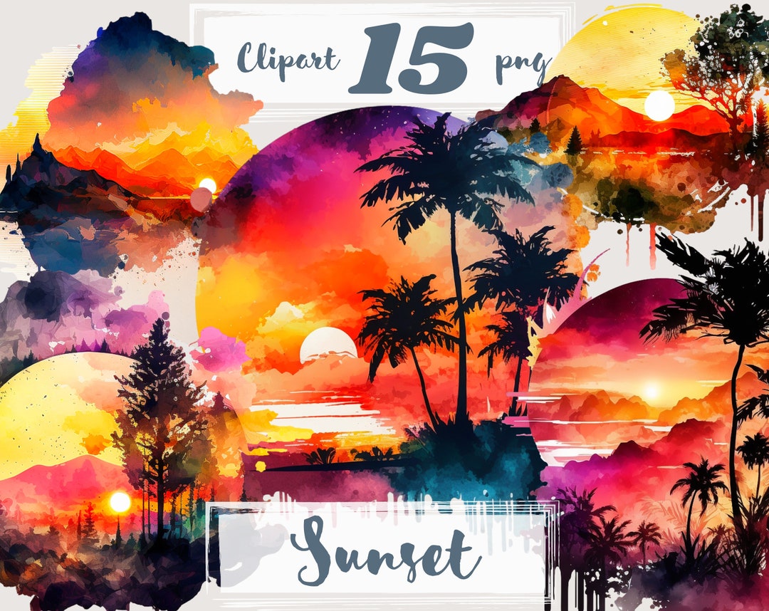 Sunset Clipart. Sunset Background Png. Palm Trees, Silhouettes, Sunrise ...