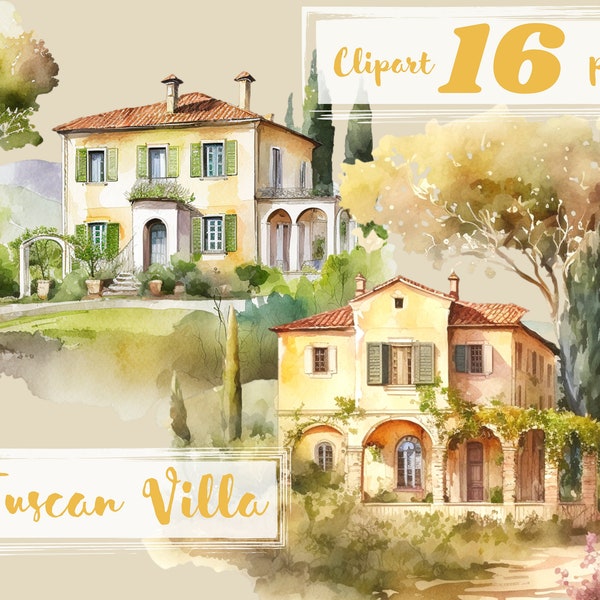 Tuscan villa clipart, tuscan house, italian clipart, cottage clipart, png. Digital watercolor. Free commercial use, Romantic Vacation.