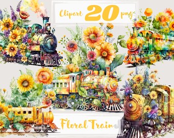Watercolor Retro Train Clipart. Vintage clipart, retro clip art, boho, png. Floral train clip art. Digital watercolor. Free commercial use