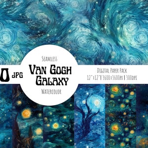 Van Gogh Galaxy Star Digital Paper, seamless pattern, sky pattern. Moon clipart, night paper. Watercolor digital paper Free commercial use
