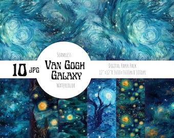 Van Gogh Galaxy Star Digital Paper, seamless pattern, sky pattern. Moon clipart, night paper. Watercolor digital paper Free commercial use