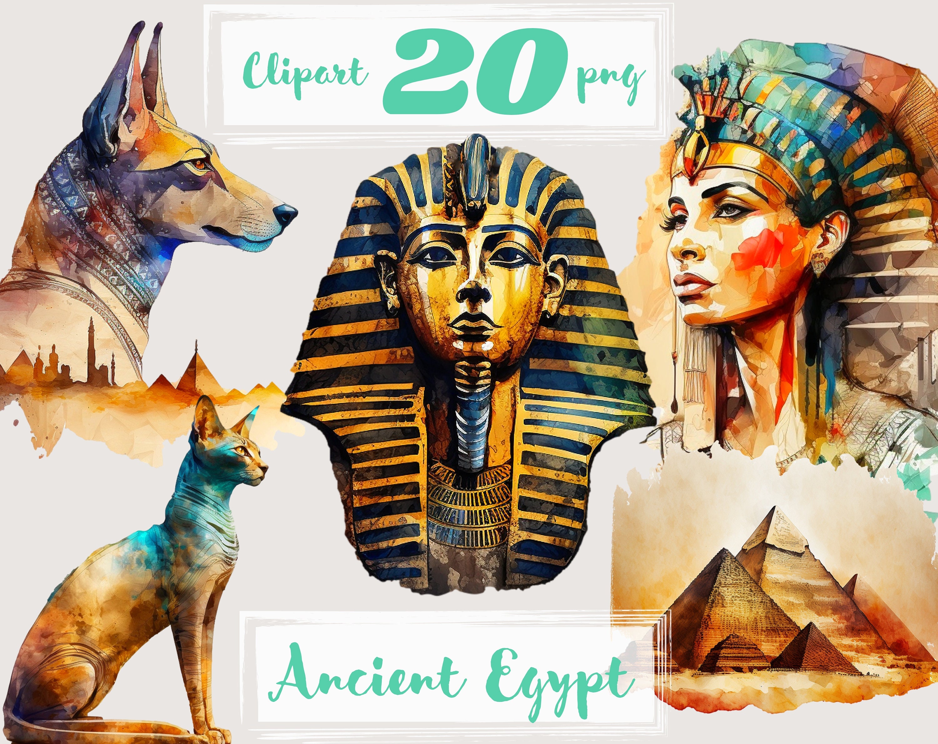 Watercolor Ancient Egypt Clipart, Pharaoh, Pyramid (PNG Digital ...