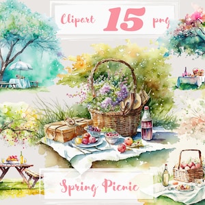 Spring Picknick clipart, theetijd clip art, png. Digitale aquarel. Gratis commercieel gebruik. Scrapbooking, Outdoor, Tuin, Bloemen, Vogels, Zon.