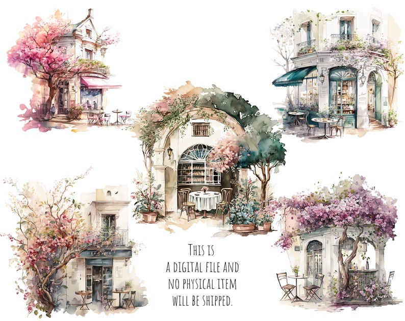 Spring Coffee shop clipart, cafe clip art, png. Digital watercolor. Free commercial use, scrapbooking. Romantic french cafe illustration. image 6