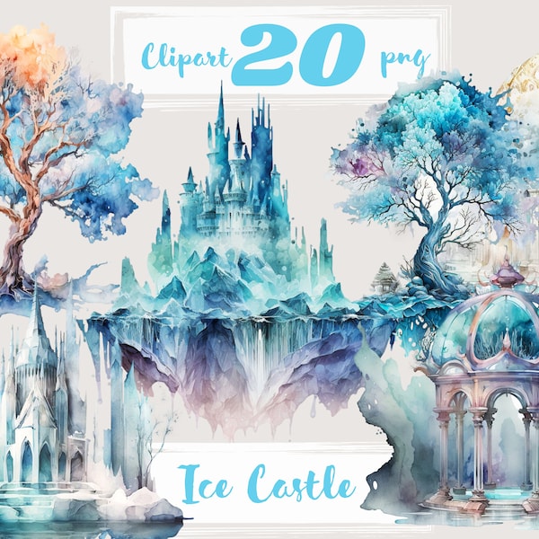 Ice Castle clipart, png. Magic palace. Winter castle. Digital watercolor. Free commercial use. Magic landscape, elf, snow. Winter garden.