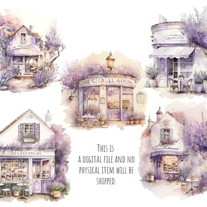 May include: Watercolor illustration of five lavender-colored shops with white trim and awnings. Each shop has a unique name, including "Lane Cieall Afheza", "Ilaie Alleer", "Caileavanlley", and "Awarlotte". The shops are surrounded by lavender bushes and trees.