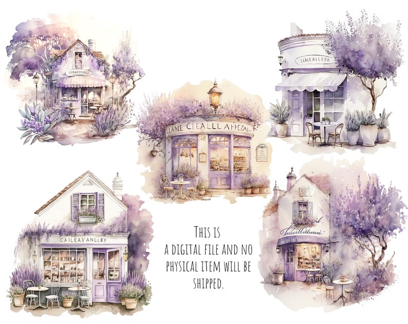 May include: Watercolor illustration of five lavender-colored shops with white trim and awnings. Each shop has a unique name, including "Lane Cieall Afheza", "Ilaie Alleer", "Caileavanlley", and "Awarlotte". The shops are surrounded by lavender bushes and trees.