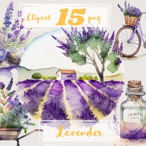 Puede incluir: Conjunto de clipart de acuarela de flores de lavanda, una bicicleta con una cesta de lavanda, una botella de aceite de lavanda, una vela, una casita y un campo de lavanda. El clipart es perfecto para crear invitaciones, tarjetas y otras manualidades.