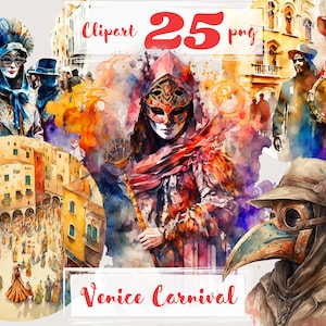 Karneval in Venedig Clipart, Venedig Clipart, Italien, Romantisch, Europa, Reise, Maske, Mascarade, Venezianische png. Digitales Aquarell. Kommerzielle Nutzung möglich.