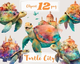 Turtle clipart, Nautical Clipart. Fantasy clipart, surrealistic city clipart. Sea animals, png. Digital watercolor. Free commercial use.