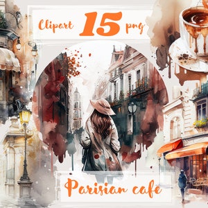 Imágenes prediseñadas de cafetería, imágenes prediseñadas de café, png. Acuarela digital. Libre uso comercial, scrapbooking. Ilustración de café francés romántico. París.