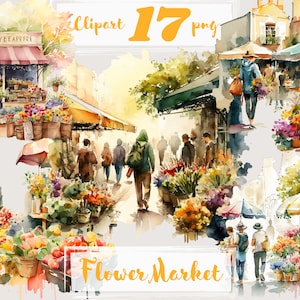 Marché aux fleurs Clipart aquarelle, png. Aquarelle numérique. Utilisation commerciale gratuite, scrapbooking. Illustration romantique de la boutique florale française.
