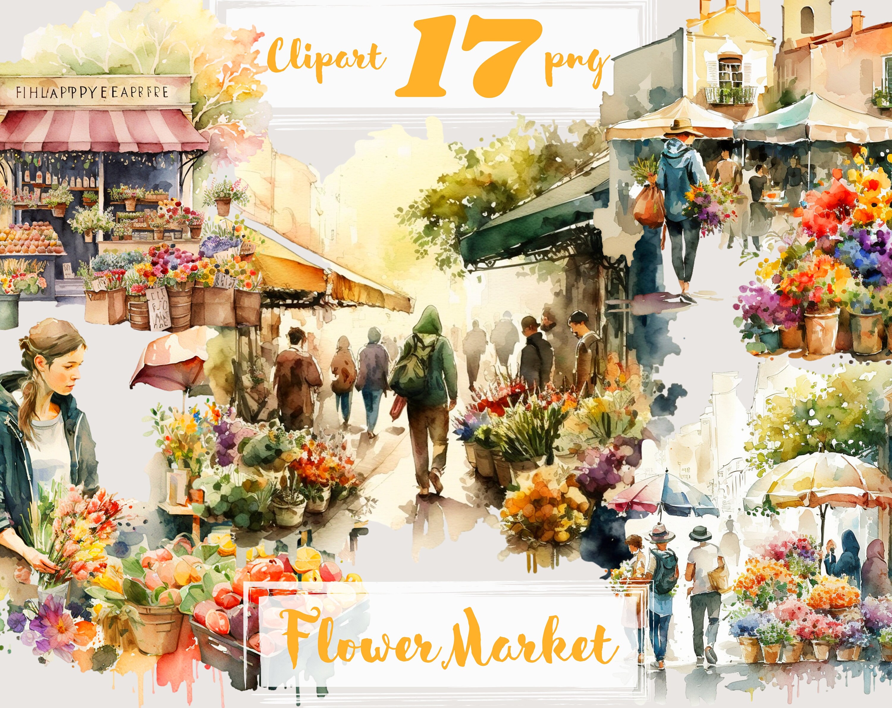 Flowers Market Clipart Watercolor, Png. Digital Watercolor. Free ...