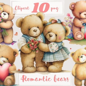 Valentinstag Liebe Bären Clipart, Valentinstag png, Liebe Bären png, romantische Clipart, Teddybär Clipart, kostenlose kommerzielle. Digitales Aquarell.