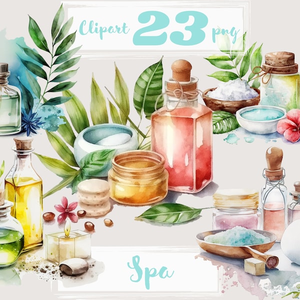 Spa clipart. Health clipart. Vacation clipart. Fitness, relaxation, wellness. PNG Digital watercolor. Free commercial use. Instant Download.