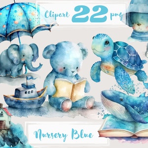 Clipart de berçário azul. Clipart infantil, clipart infantil, clipart de ursinho de pelúcia, clipart de brinquedos, boneca, png, uso comercial gratuito. Aquarela digital.