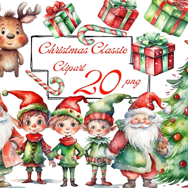 Klassische Weihnachtscliparts. Weihnachtsmann, Geschenk, Geschenk, Elfe, Zuckerstange, Weihnachtsbaum, PNG-Bundle. Digitales Aquarell. Kostenlose kommerzielle Nutzung.