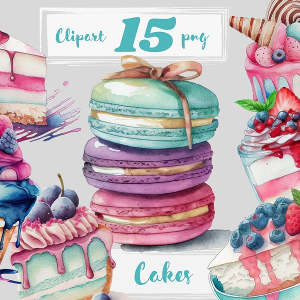 Cakes clipart, sweets clip art, png. Digital watercolor. Free commercial use, scrapbooking. Pastry, macaroon, cupcake, cake illustration.