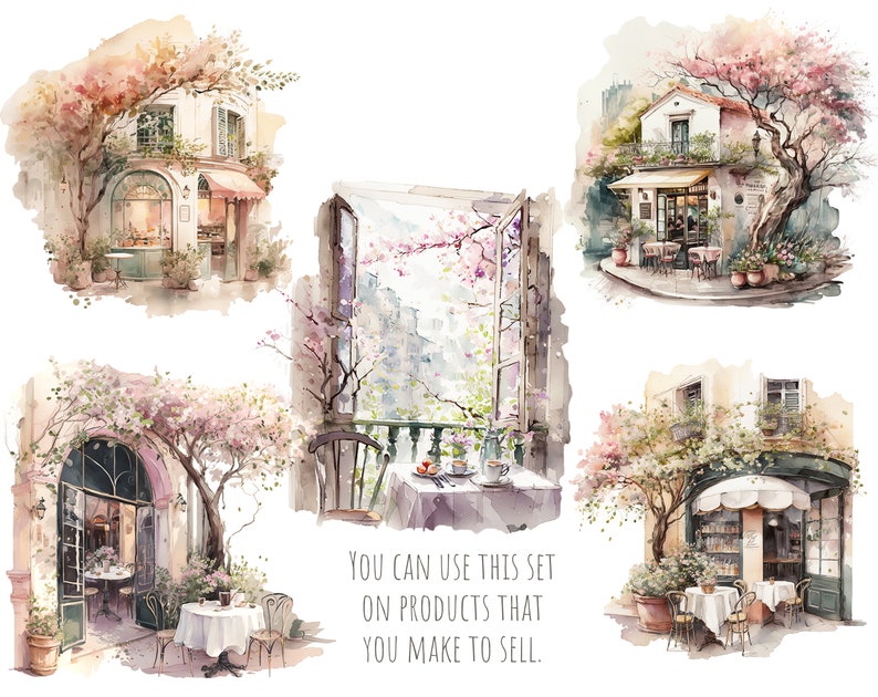 Spring Coffee shop clipart, cafe clip art, png. Digital watercolor. Free commercial use, scrapbooking. Romantic french cafe illustration. image 5