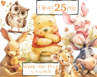 May include: A set of 25 digital clipart images featuring Winnie-the-Pooh and his friends. The images include Winnie-the-Pooh, Piglet, Tigger, Eeyore, and Kanga and Roo. The images are in a watercolor style and are perfect for crafting projects, scrapbooking, and more.