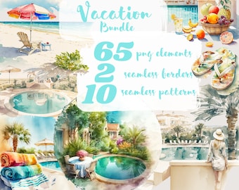 Vacation bundle. Sea resort clipart, swimming pool clip art, png. Beach, summer rest, holiday leave Digital watercolor. Free commercial use.