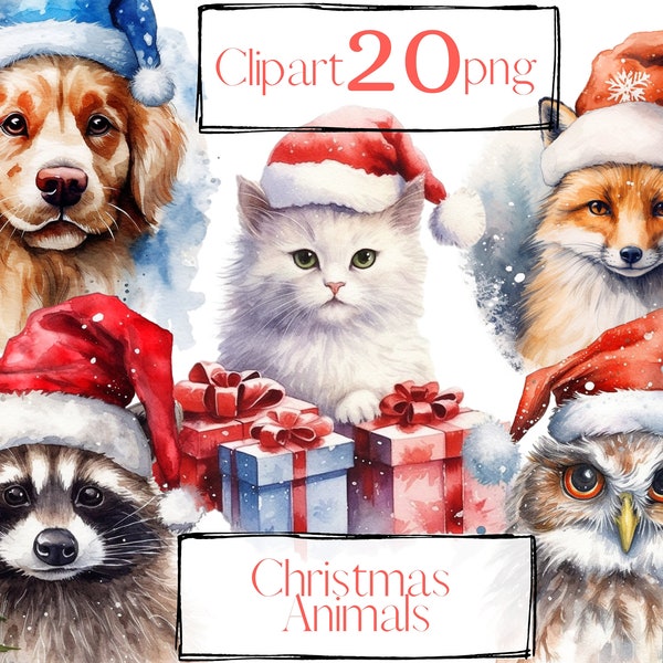 Christmas animals clipart. Christmas clipart. Winter clipart, dear, owl, bunny, cat dog, mouse. PNG, free commercial use. Digital watercolor