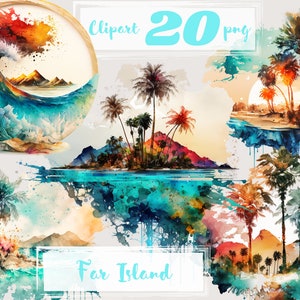 Clipart dell'isola. Clipart del mare, clipart dell'oceano, PNG. Spiaggia, riposo estivo, onde, vacanza, resort congedo Acquerello digitale. Uso commerciale gratuito.