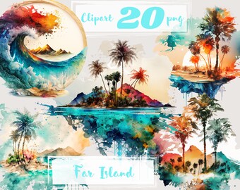 Island Watercolor Clipart, Tropical Beach PNG Set (20 Files) Digital Download