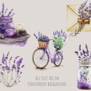 Puede incluir: Un conjunto de ilustraciones de acuarela con flores de lavanda en varios arreglos. El conjunto incluye un frasco de lavanda, una bicicleta con una cesta de lavanda, un frasco de lavanda y un sobre con lavanda. El texto "ALL FILES ARE ON TRANSPARENT BACKGROUND." est&aacute; incluido en la imagen.