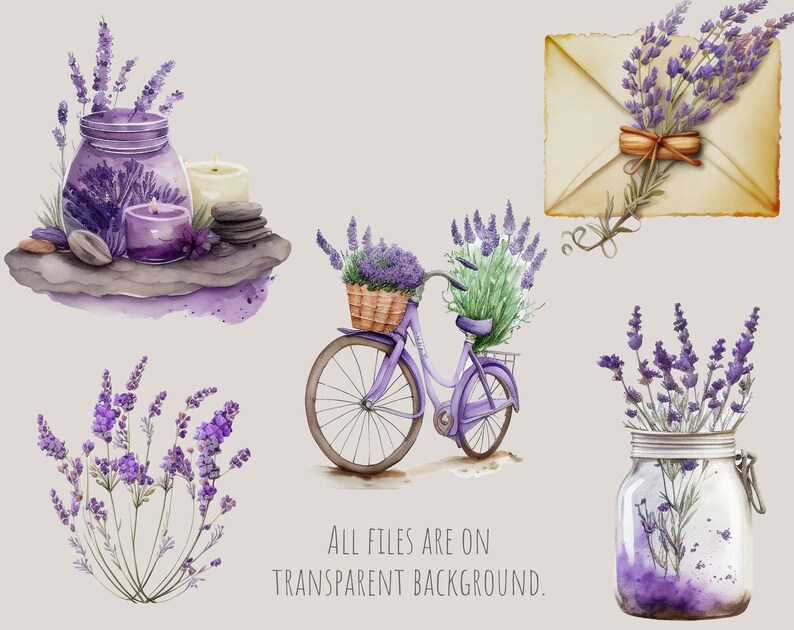 Puede incluir: Un conjunto de ilustraciones de acuarela con flores de lavanda en varios arreglos. El conjunto incluye un frasco de lavanda, una bicicleta con una cesta de lavanda, un frasco de lavanda y un sobre con lavanda. El texto "ALL FILES ARE ON TRANSPARENT BACKGROUND." est&aacute; incluido en la imagen.