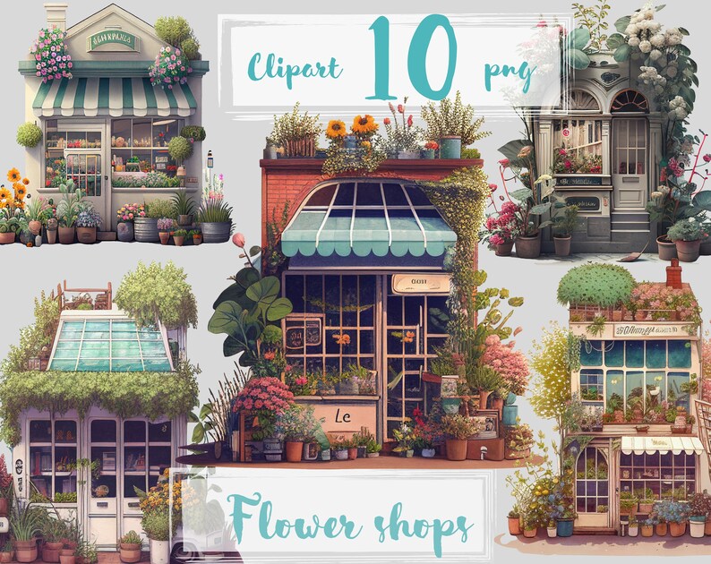 May include: A digital illustration of 10 flower shops with various styles and colors. Each shop has a unique name and is surrounded by lush greenery and flowers.