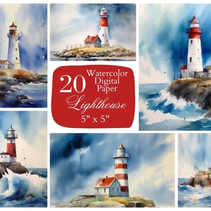 Lighthouse Digital Paper, Sea Digital Paper. Watercolor scrapbook paper for free commercial use. Junk Journal Paper Crafts, instant download