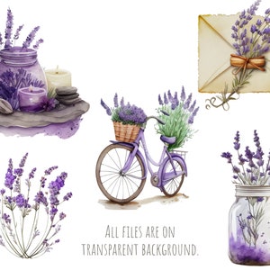 Puede incluir: Un conjunto de ilustraciones de acuarela con flores de lavanda en varios arreglos. El conjunto incluye un frasco de lavanda, una bicicleta con una cesta de lavanda, un frasco de lavanda y un sobre con un ramo de lavanda. Todos los archivos est&aacute;n sobre un fondo transparente.
