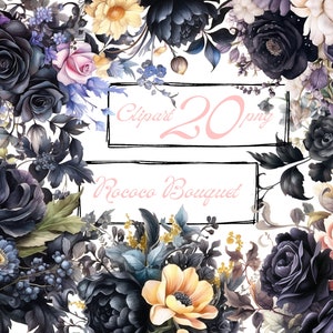 Clipart de bouquets noirs. Clipart floral, fleurs vintage, boho bouquets clipart, mariage PNG. Aquarelle numérique. Utilisation commerciale gratuite