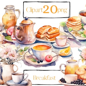 Breakfast clipart. Set table clipart. Cafe clipart. Kitchen clipart, png. Food. Digital watercolor. Free commercial use. Cozy home.