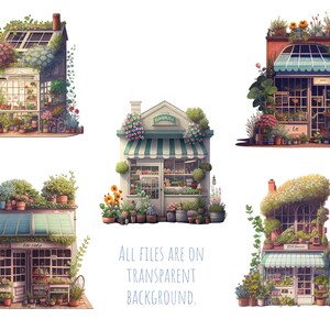May include: Five illustrated storefront buildings with green awnings and overflowing with flowers and plants. Each building has a unique design and is set against a white background. The text "ALL FILES ARE ON TRANSPARENT BACKGROUND." is at the bottom of the image.