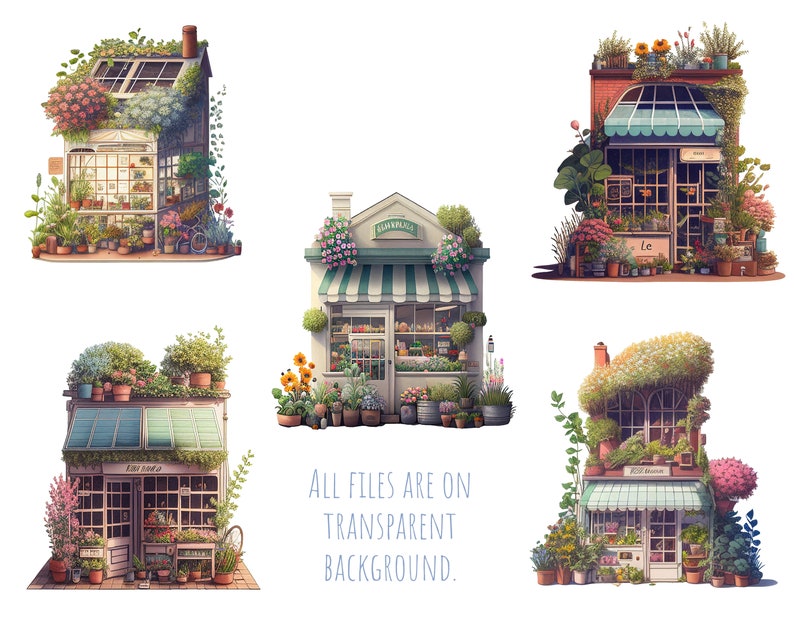 May include: Five illustrated storefront buildings with green awnings and overflowing with flowers and plants. Each building has a unique design and is set against a white background. The text "ALL FILES ARE ON TRANSPARENT BACKGROUND." is at the bottom of the image.