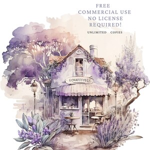 May include: A watercolor illustration of a quaint shop with a sign that reads "Craftecc". The shop has a pink awning and is surrounded by lush greenery. The illustration is in shades of purple and pink, with a soft, dreamy feel.