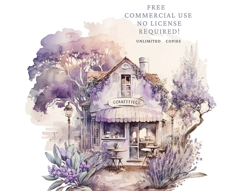 May include: A watercolor illustration of a quaint shop with a sign that reads "Craftecc". The shop has a pink awning and is surrounded by lush greenery. The illustration is in shades of purple and pink, with a soft, dreamy feel.
