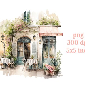 Spring Coffee shop clipart, cafe clip art, png. Digital watercolor. Free commercial use, scrapbooking. Romantic french cafe illustration. image 2