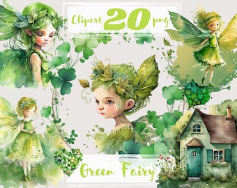 Green Fairy Clipart: St. Patrick's Day Watercolor Pixie PNG (Digital Download)