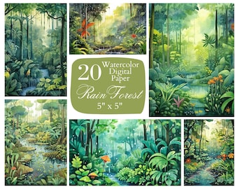 Rainforest Watercolor Digital Paper, Tropical Wood (Digital Download)