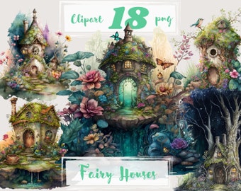 Fairy house clipart, png. Magic cottage. Elf village. Digital watercolor. Free commercial use. Magic landscape, elf. Wonderland, fairyland.