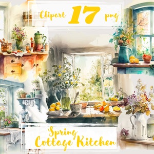 Kitchen clipart, png. Spring Cottage kitchen. Food. Digital watercolor. Free commercial use. Cooking clipart. Cozy home. Rural life.